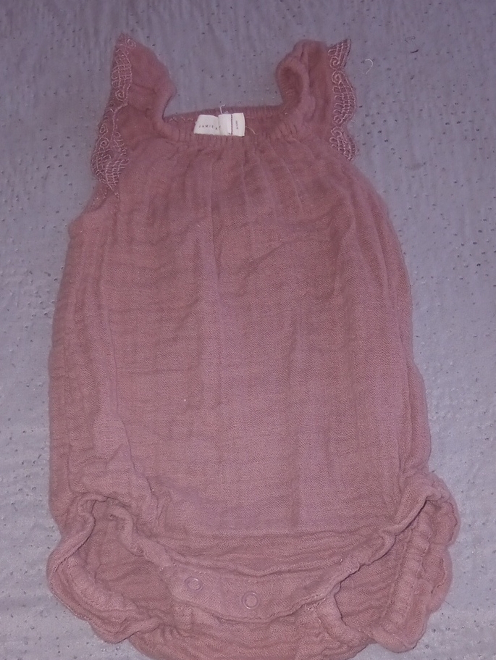 Jamie Kay dusty purple organic cotton muslin lace romper by Jamie Kay